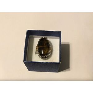 Gorgeous 30 Carat Genuine African Tiger Eye Gemstone Filigree Ring Sz 8